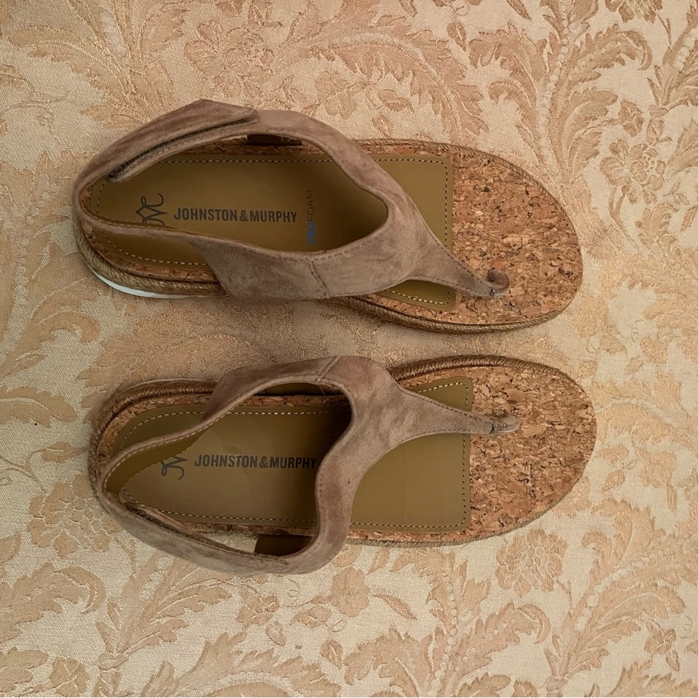 Johnston & Murphy Suede Cork Wedge Sandals – Size 8.5